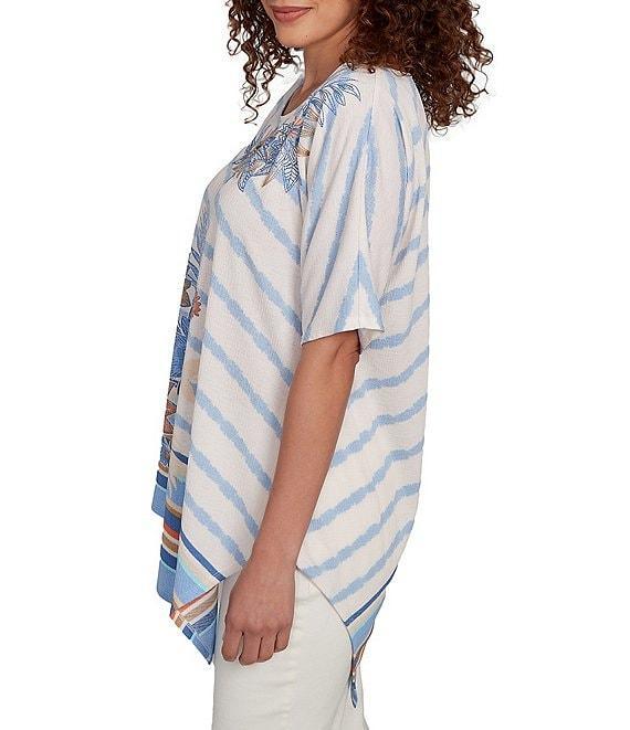 Ruby Rd. Embroidered Stripe Scoop Neck Short Sleeve Asymmetric Hem Knit Top Product Image