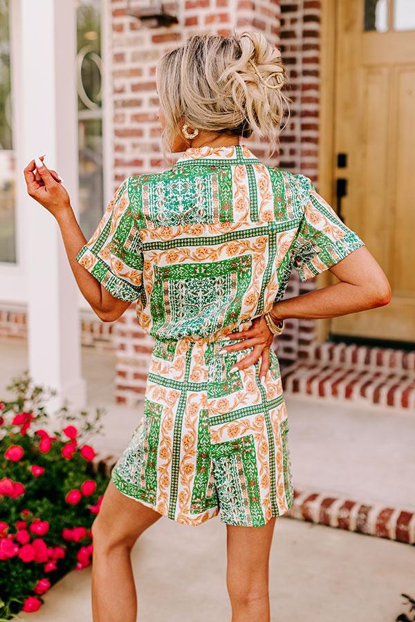 Vacay Mode Satin Romper in Green Product Image