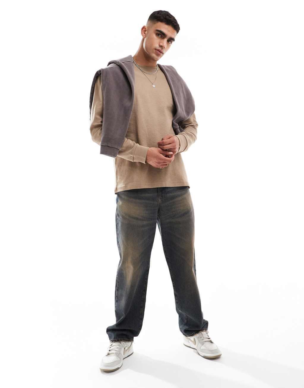 Cotton On loose fit ribbed long sleeve t-shirt in taupe Product Image