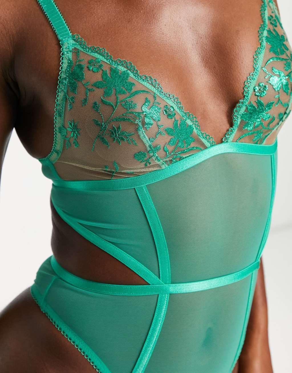 ASOS DESIGN Jade premium shimmer embroidery soft bodysuit in green Product Image