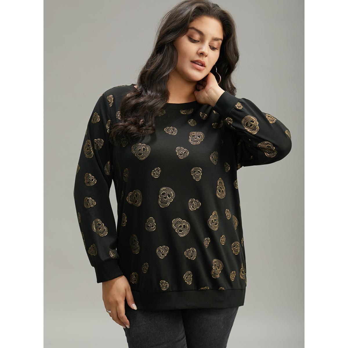 Plus Size Halloween Glitter Skull Print Crew Neck Sweatshirt Women Black Casual Elastic cuffs Round Neck Festival-Halloween Sweatshirts BloomChic 14-16/1X Product Image