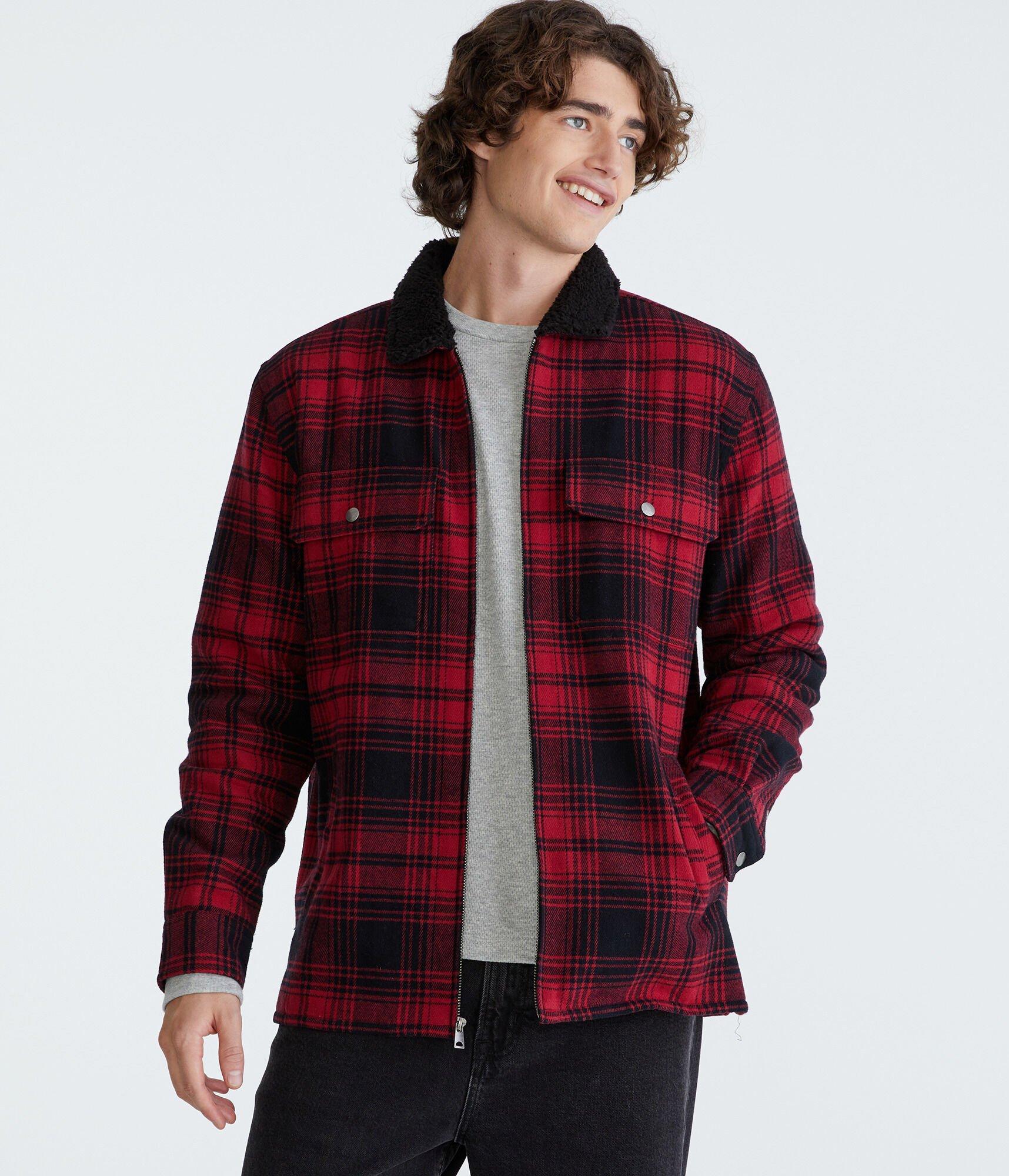 Plaid Sherpa-Lined Full-Zip Flannel Shacket Product Image