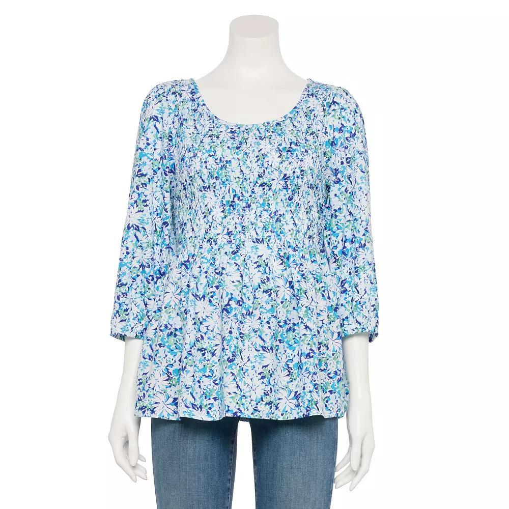 Women's Croft & Barrow® Three-Quarter Sleeve Smocked Blouse, Size: XL, Blue Team Floral Product Image