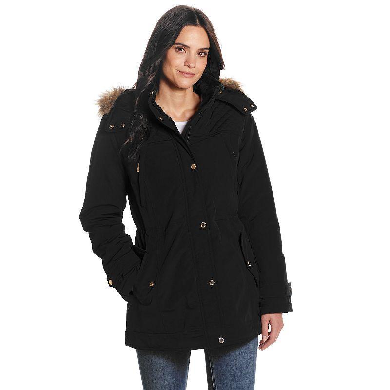 Women's Gallery Faux Fur Trim Hooded Heavyweight Stadium Jacket, Size: Medium, Brown Product Image