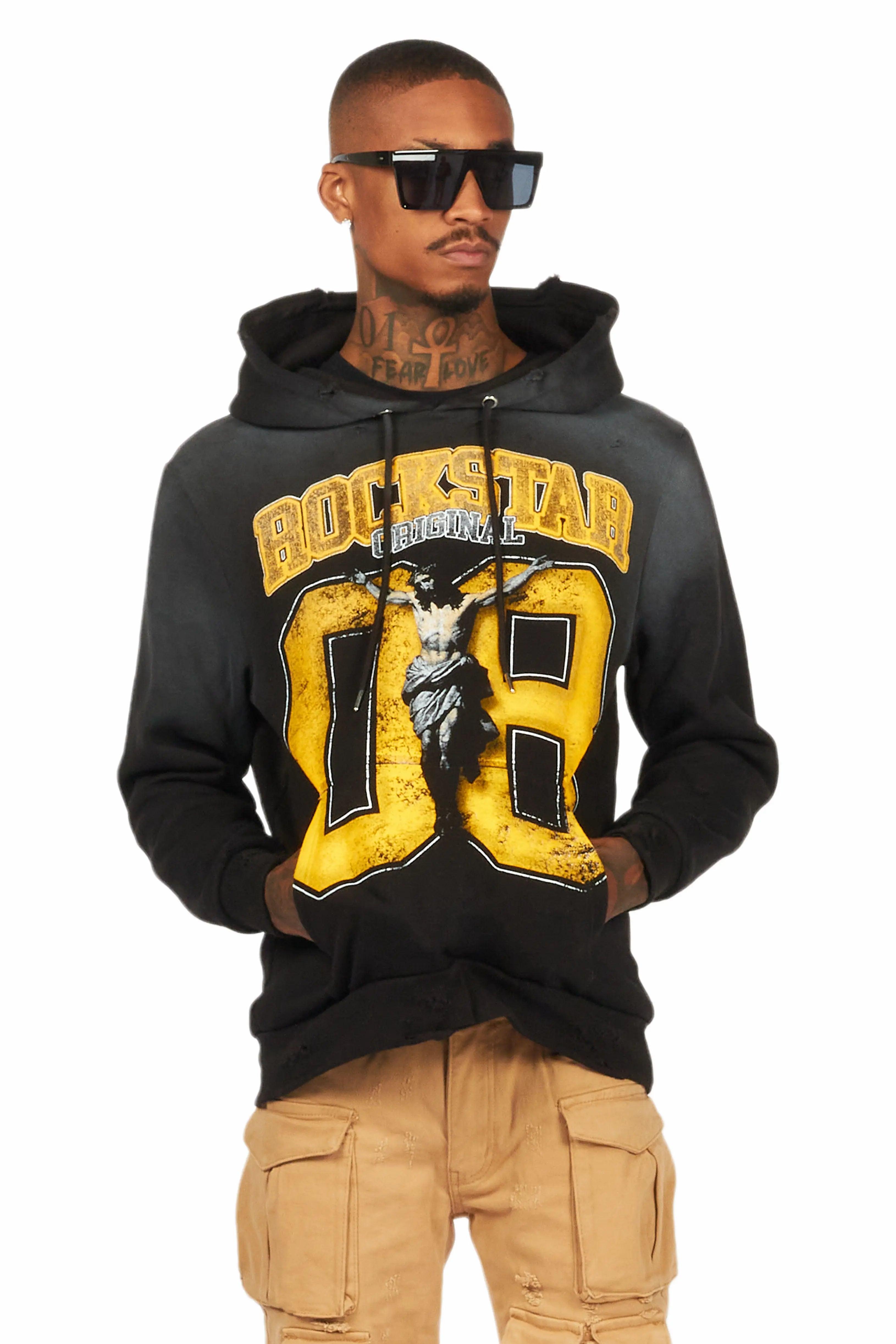 Fields Black/Yellow Distressed Graphic Hoodie Male Product Image