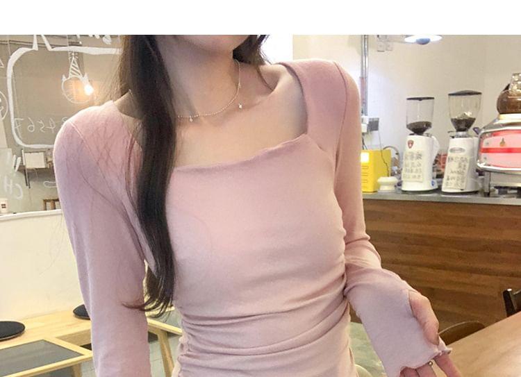 Long-Sleeve Square Neck Plain Lettuce Edge Slim Fit Tee Product Image