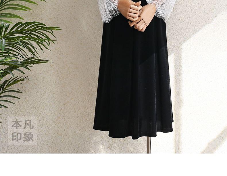 Long Sleeve V-Neck Mock Two Piece Lace Panel Velvet Midi A-Line Dress Product Image