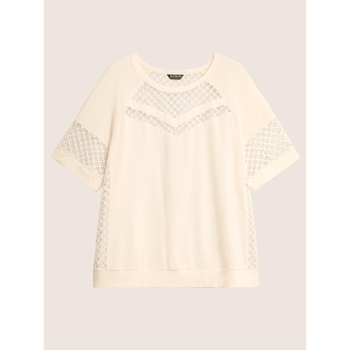 Plus Size Solid Hollow Out Raglan Sleeve T-shirt Beige Women Casual Patchwork Round Neck Everyday T-shirts BloomChic 30/6X Product Image