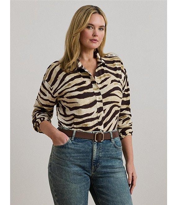 Lauren Ralph Lauren Plus Size Linen Zebra Print Point Collar Long Sleeve Button-Front Shirt Product Image
