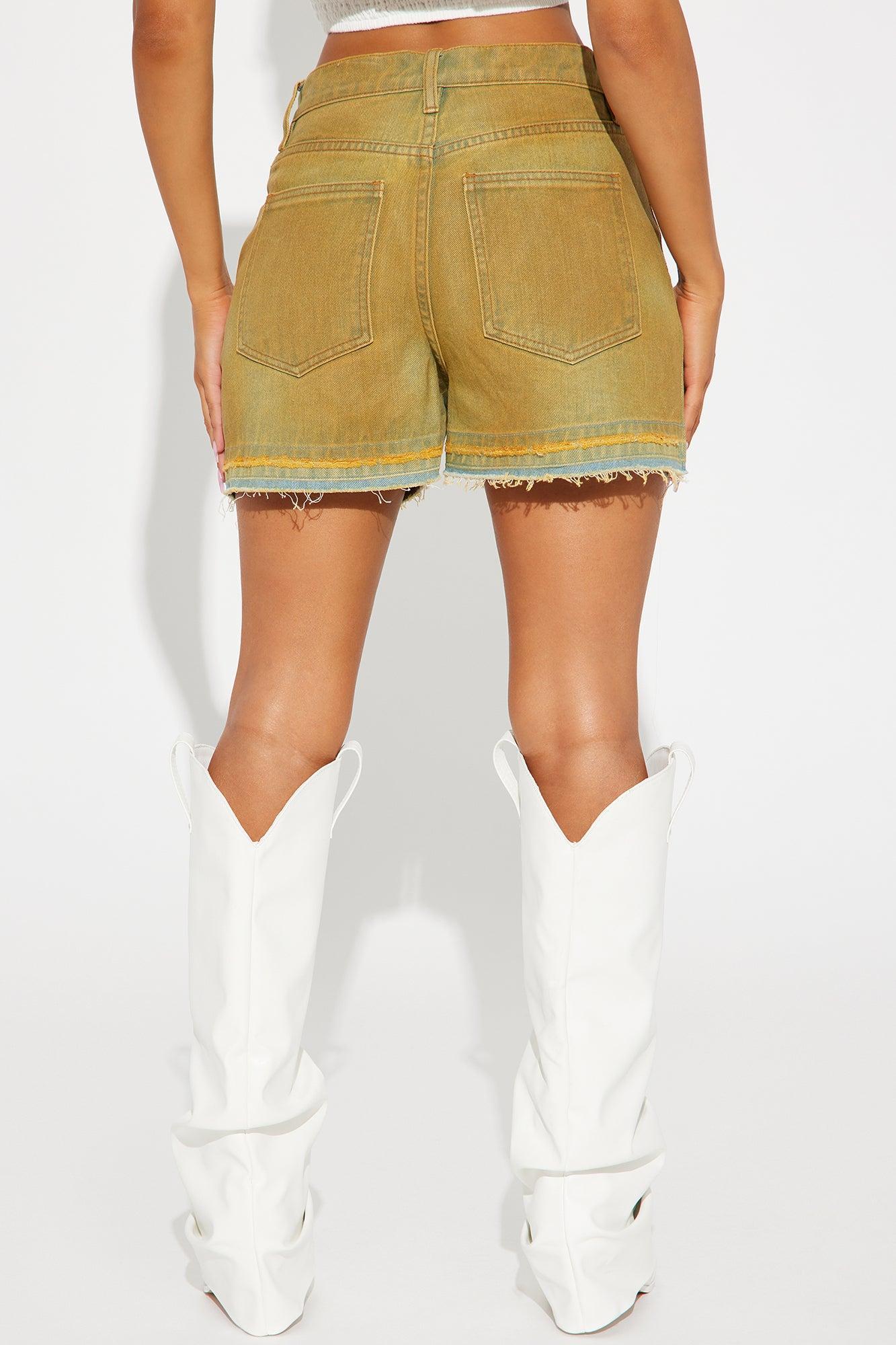 Call It A Date Crossover Coated Waistband Denim Short - Yellow Product Image