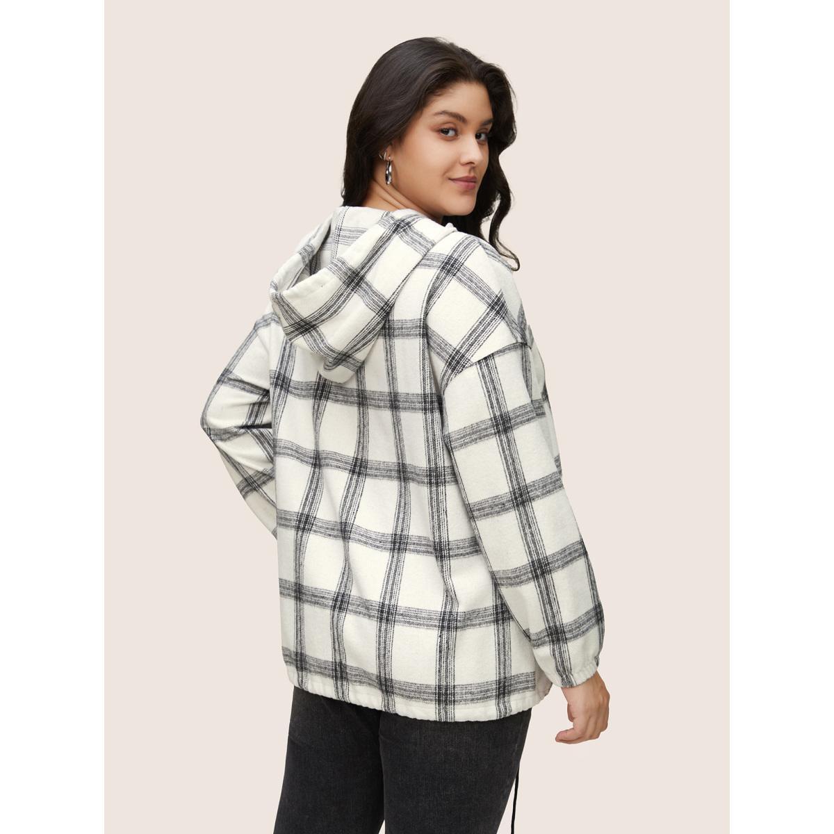 Plus Size Plaid Half Zip Pocket Hooded Sweatshirt Women White Casual Elastic cuffs Hooded Everyday Sweatshirts BloomChic 14-16/1X Product Image