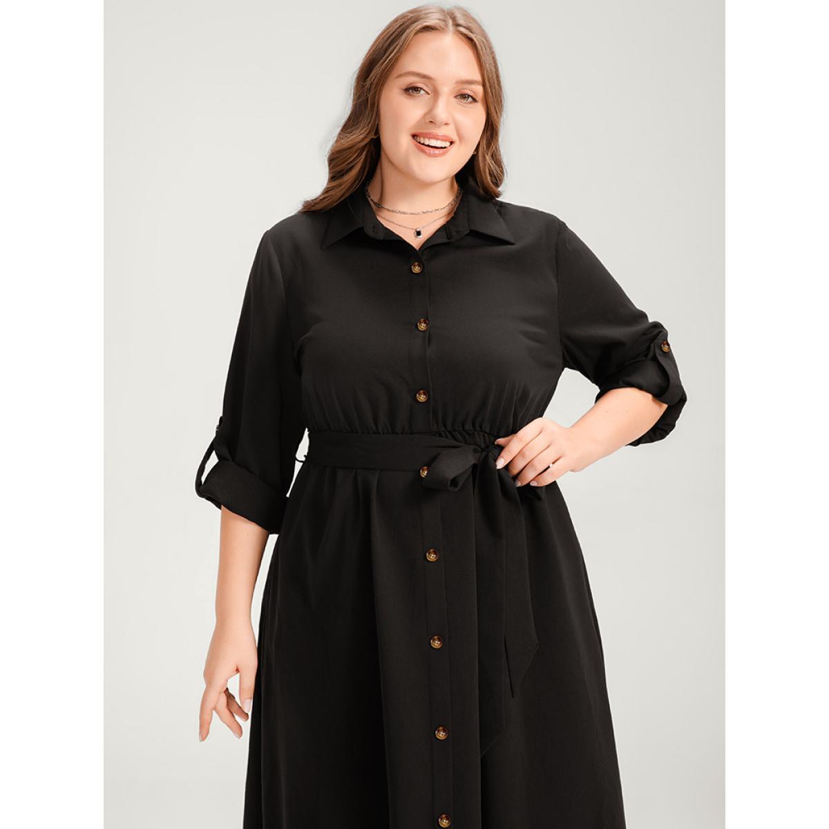 Plus Size Solid Shirt Collar Button Up Belted Arc Hem Dress Black Women Office Belted Shirt collar Long Sleeve Curvy Midi Dress BloomChic 22-24/3X Product Image