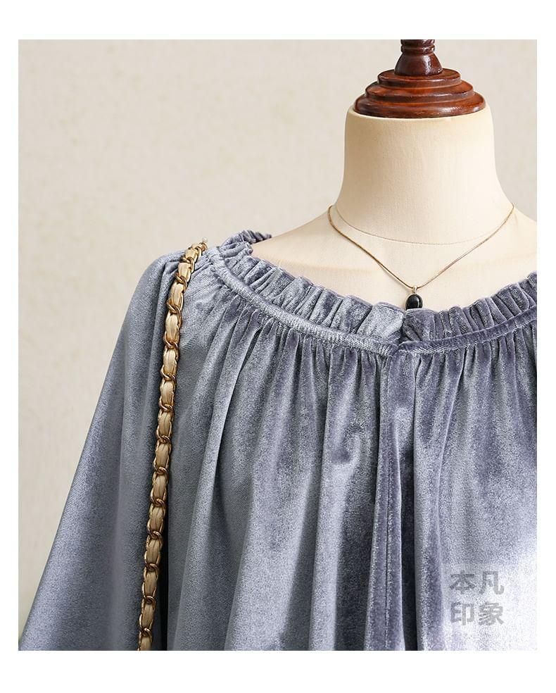 Balloon Sleeve Crew Neck Frill Velvet Blouse Product Image