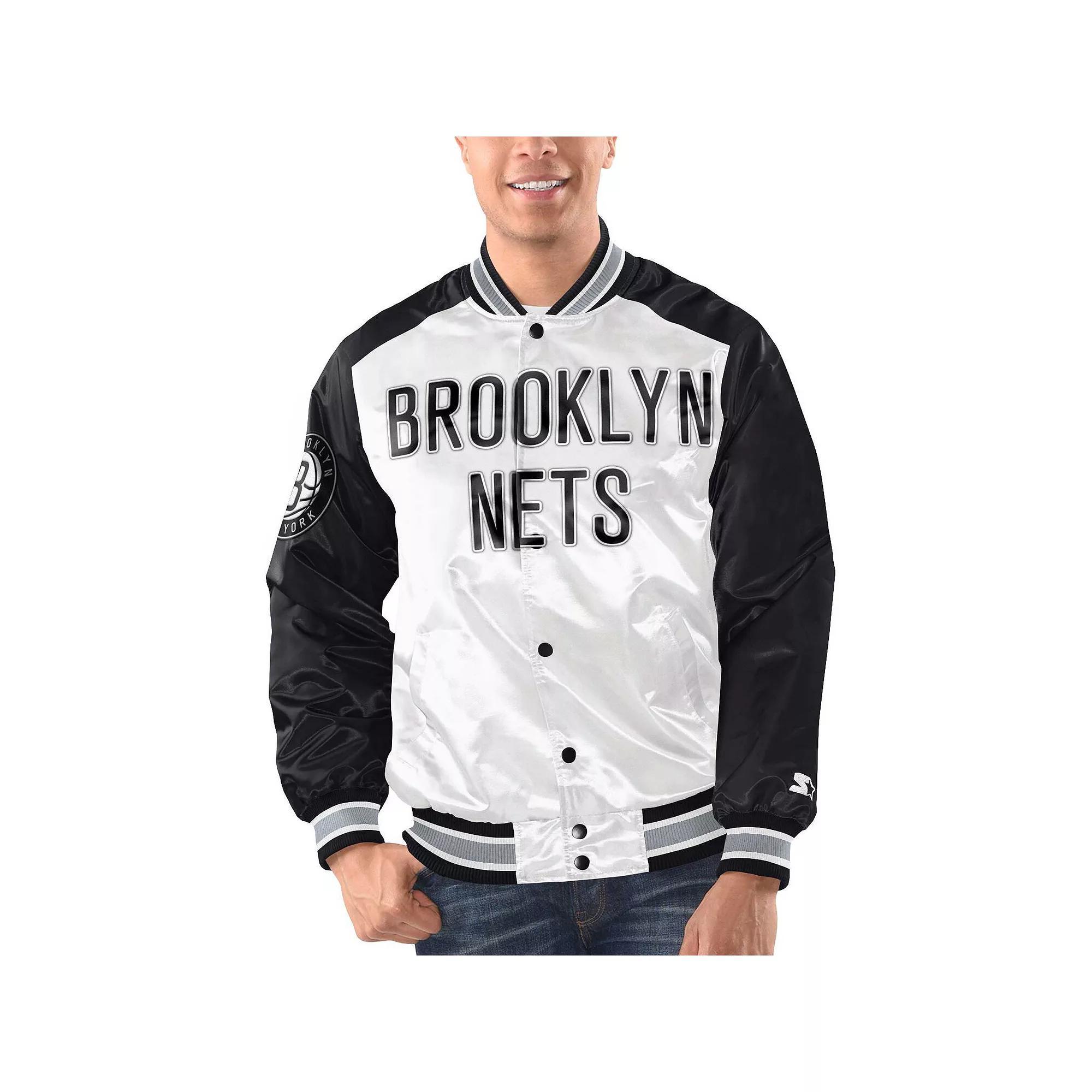 Men's Starter White/Black Brooklyn Nets Renegade Satin Full-Snap Varsity Jacket, Size: Medium Product Image