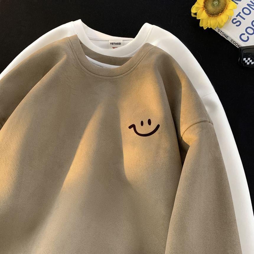 Crewneck Drop Shoulder Smiley Print Sweatshirt Product Image