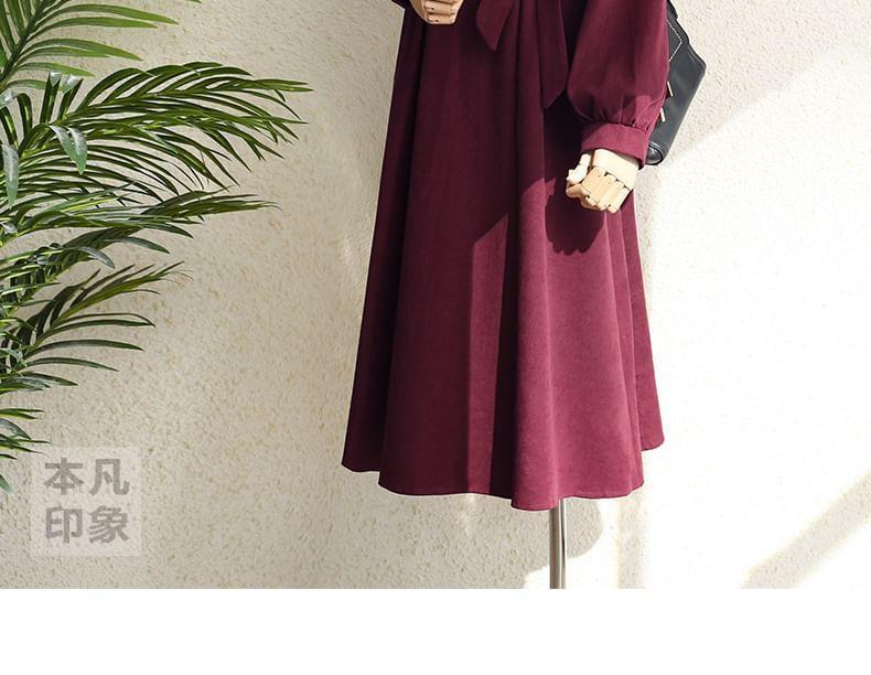 Long Sleeve Square Neck Plain Tie-Waist Midi A-Line Dress Product Image