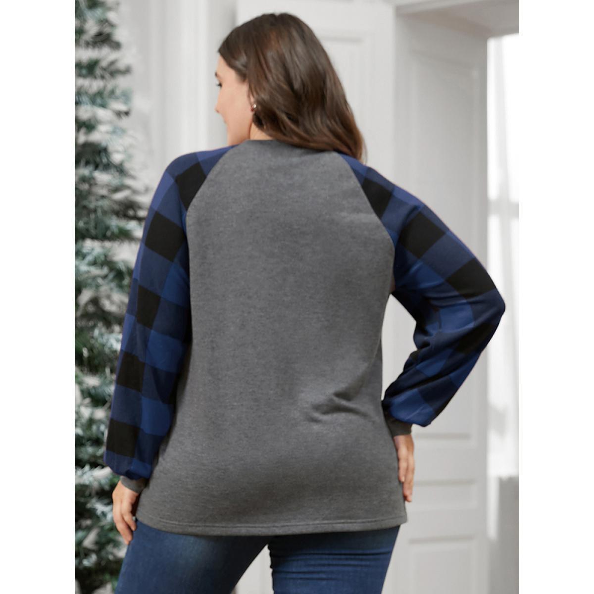 Plus Size Letter Print Round Neck Plaid Long Tee DarkBlue Women Elegant Printed Graphic-Christmas Dailywear T-shirts BloomChic 10/M Product Image