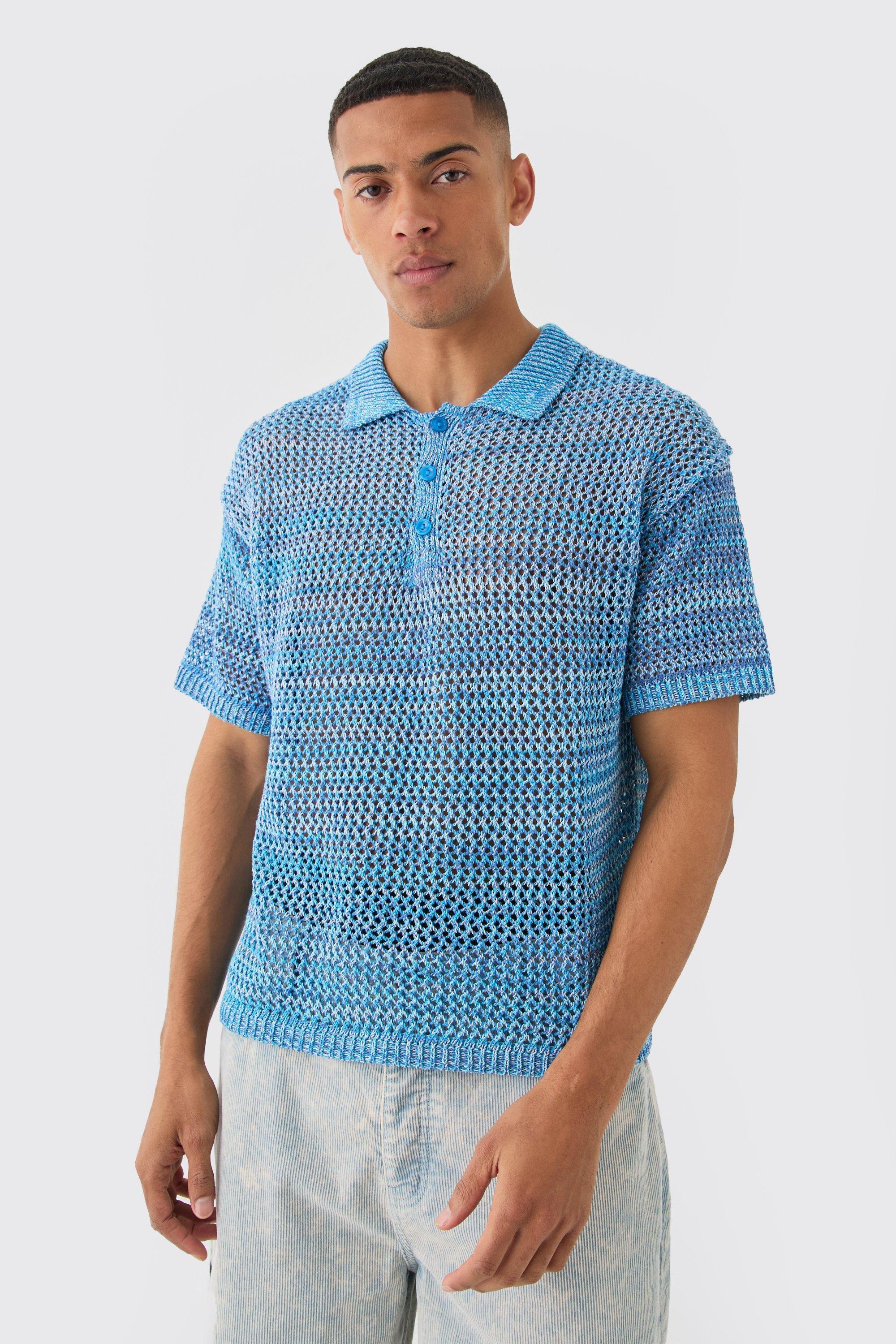 Mens Blue Oversized Boxy Ombre Open Stitch Polo, Blue Product Image