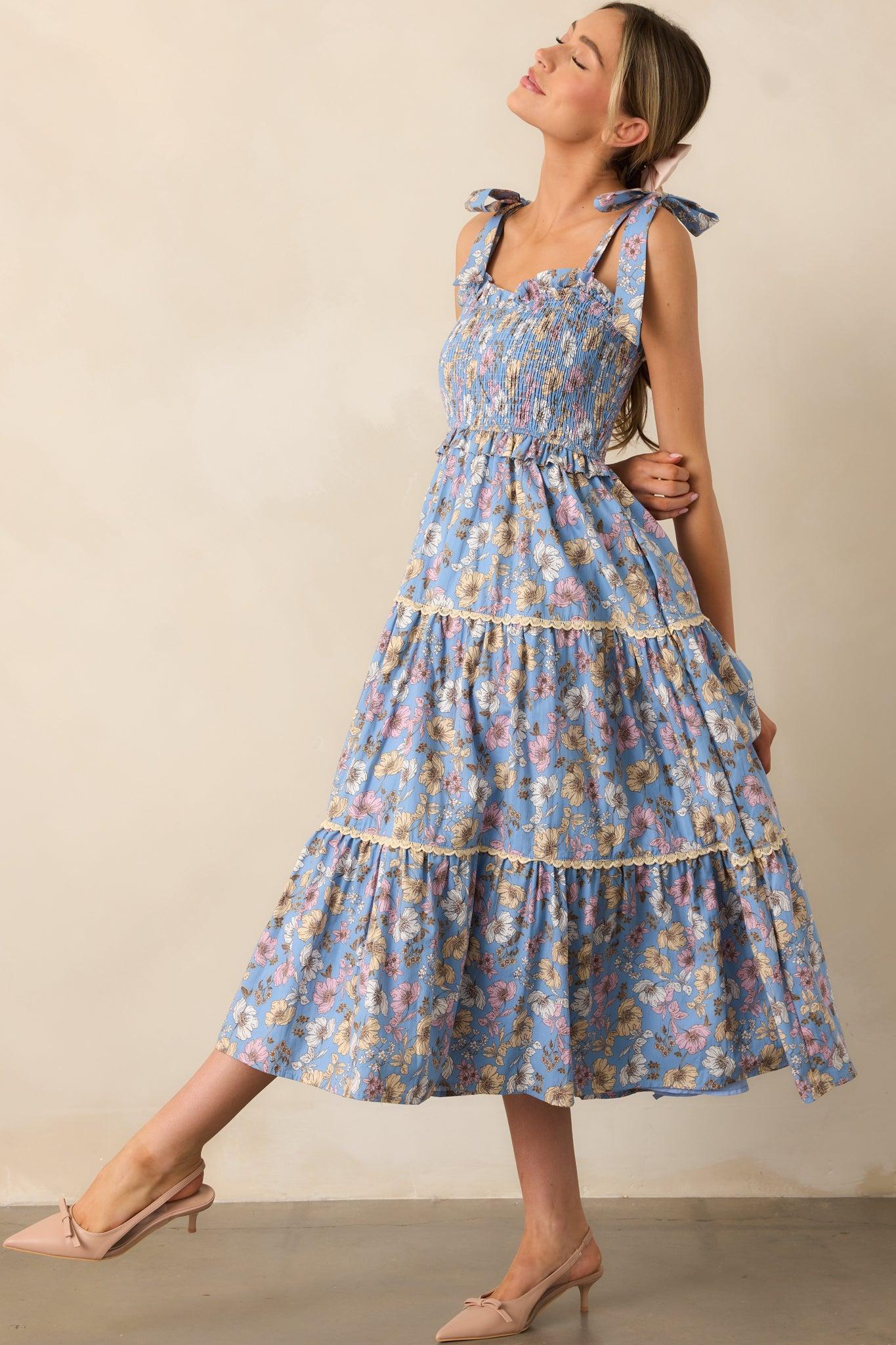 Living A Slow Life Cotton Ash Blue Floral Midi Dress Product Image