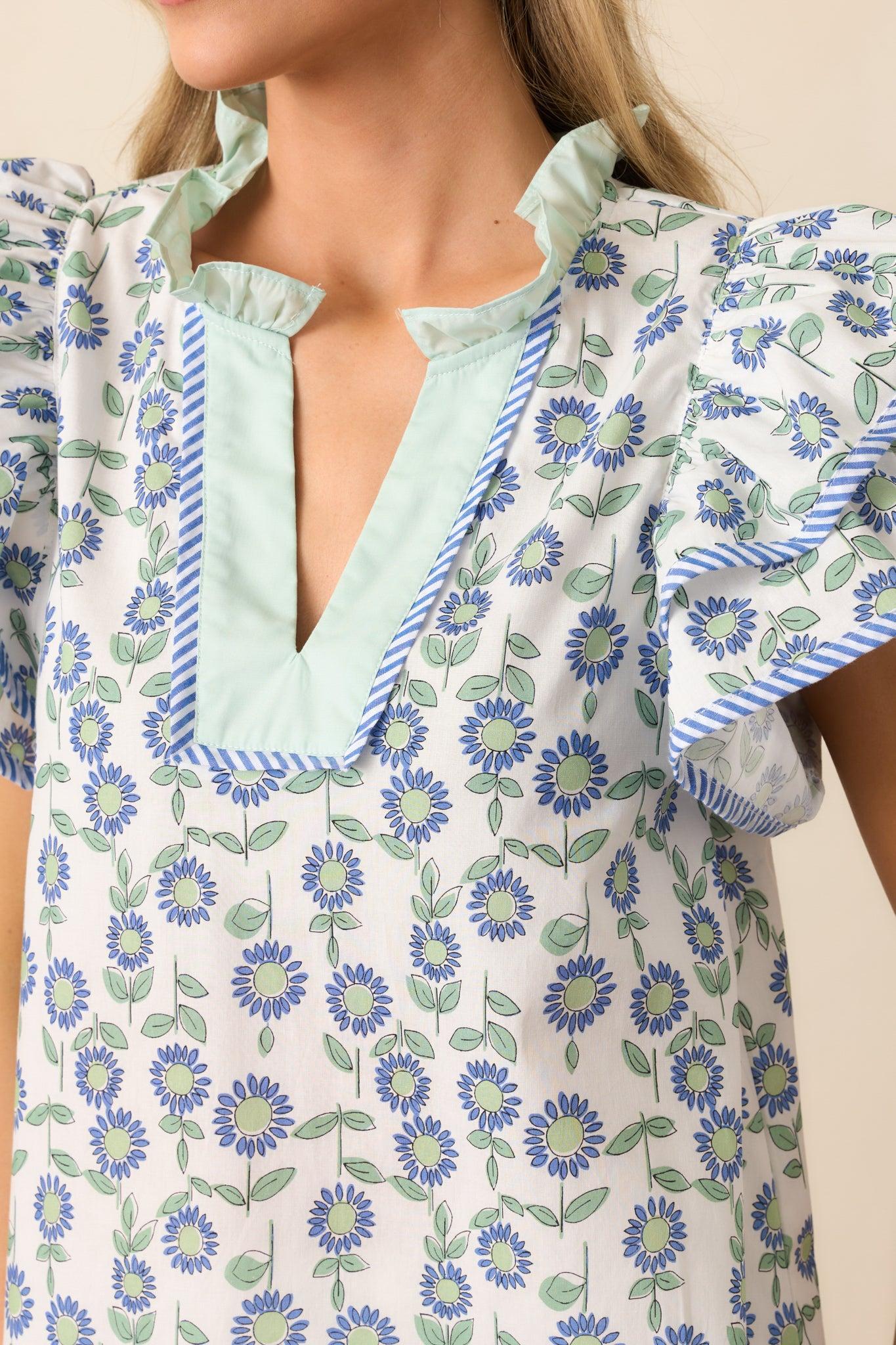 The More The Merrier Green Floral Cotton Flutter Sleeve Top Product Image
