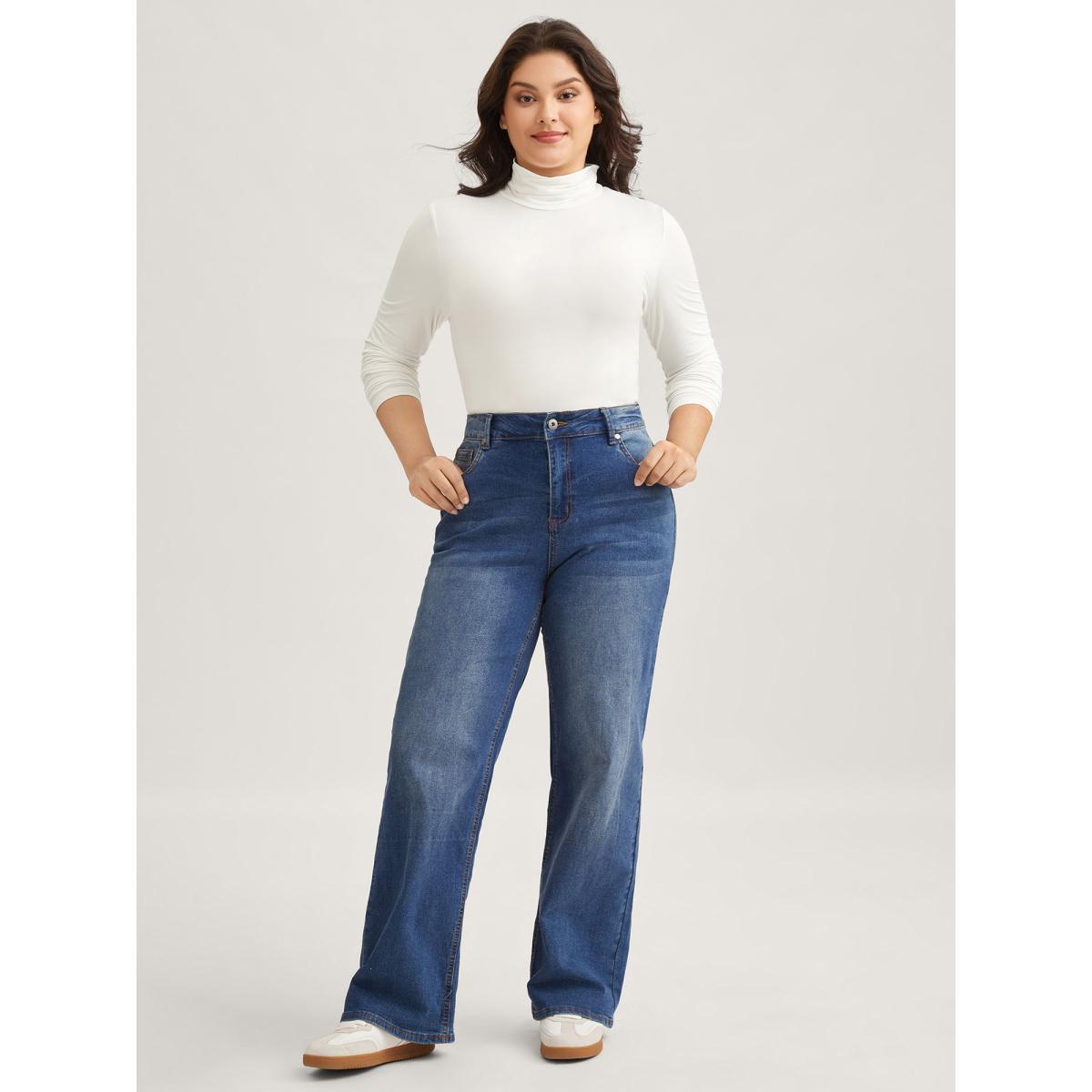 Plus Size Supersoft Essentials Solid Funnel Neck Knit T-shirt White Women Leisure Plain Plain Ruffled collar Bodycon Casual T-shirts BloomChic 22-24/3X Product Image