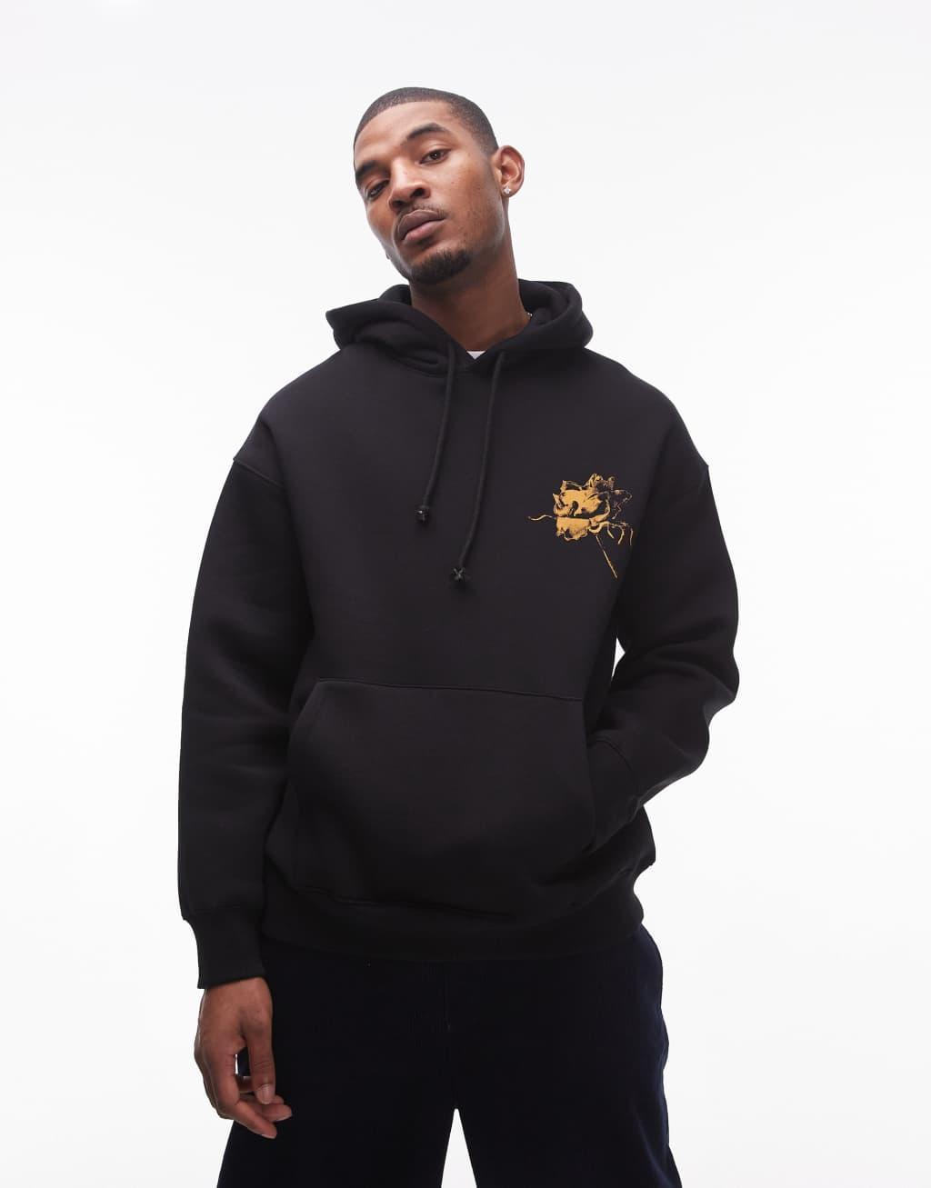 Topman oversized fit hoodie with front and back roses scribbles print in black Product Image