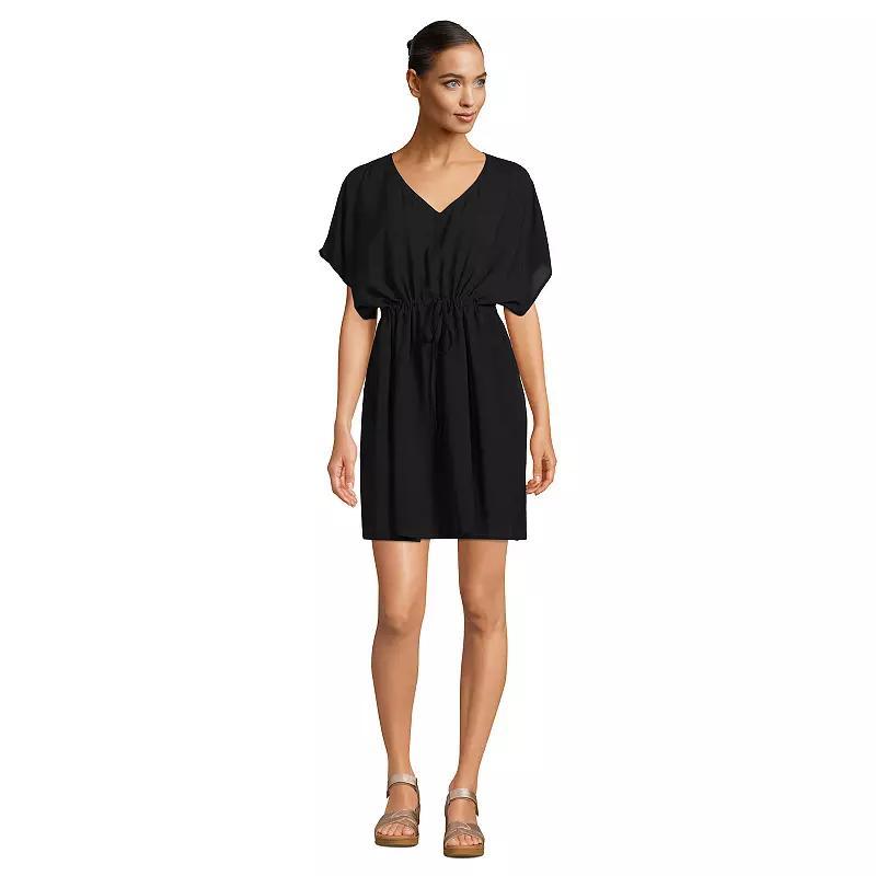 Petite Lands End Short Sleeve Gathered Waist Swim Cover-up Dress, Womens Product Image