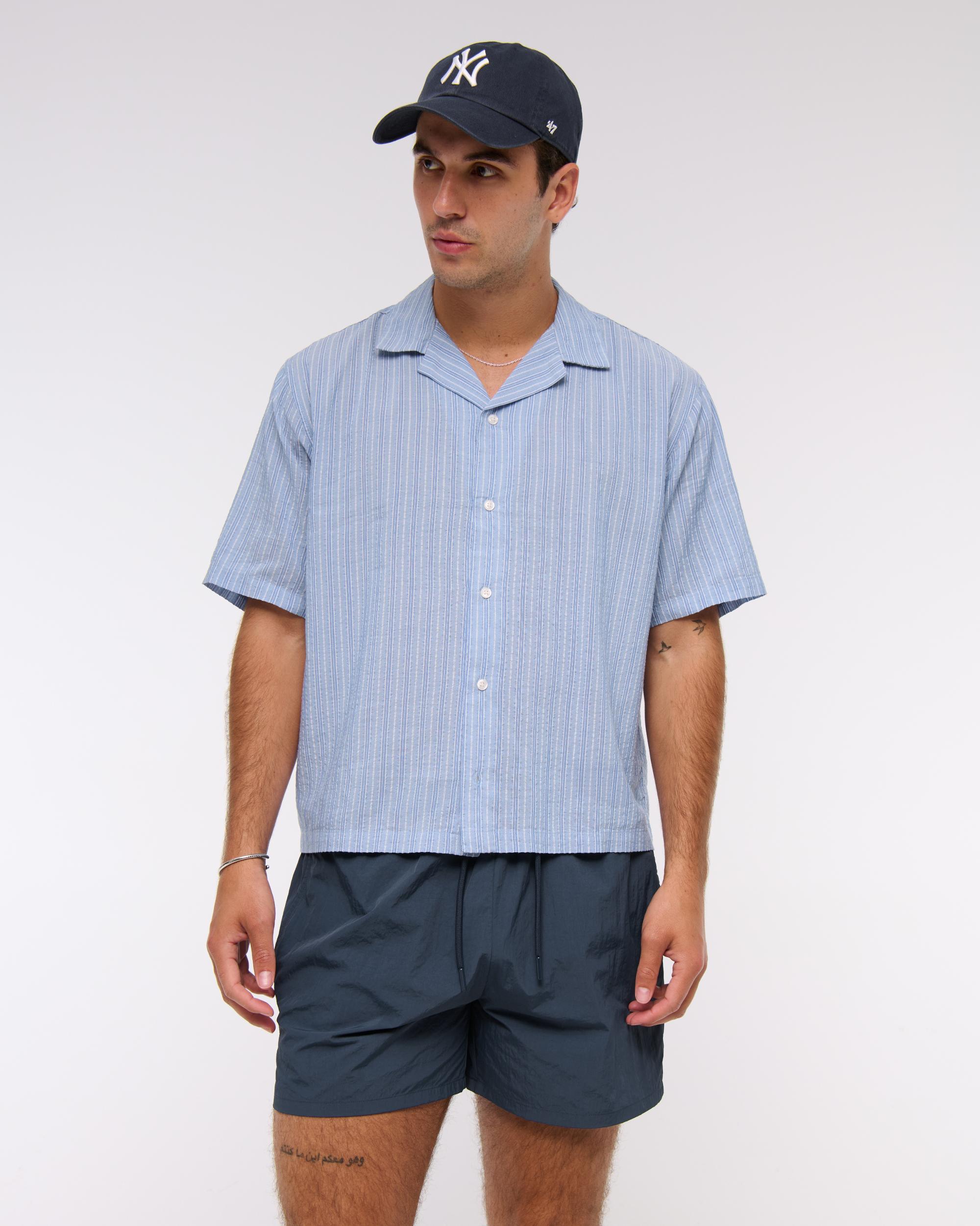 Camp Collar Cropped Seersucker Shirt Product Image