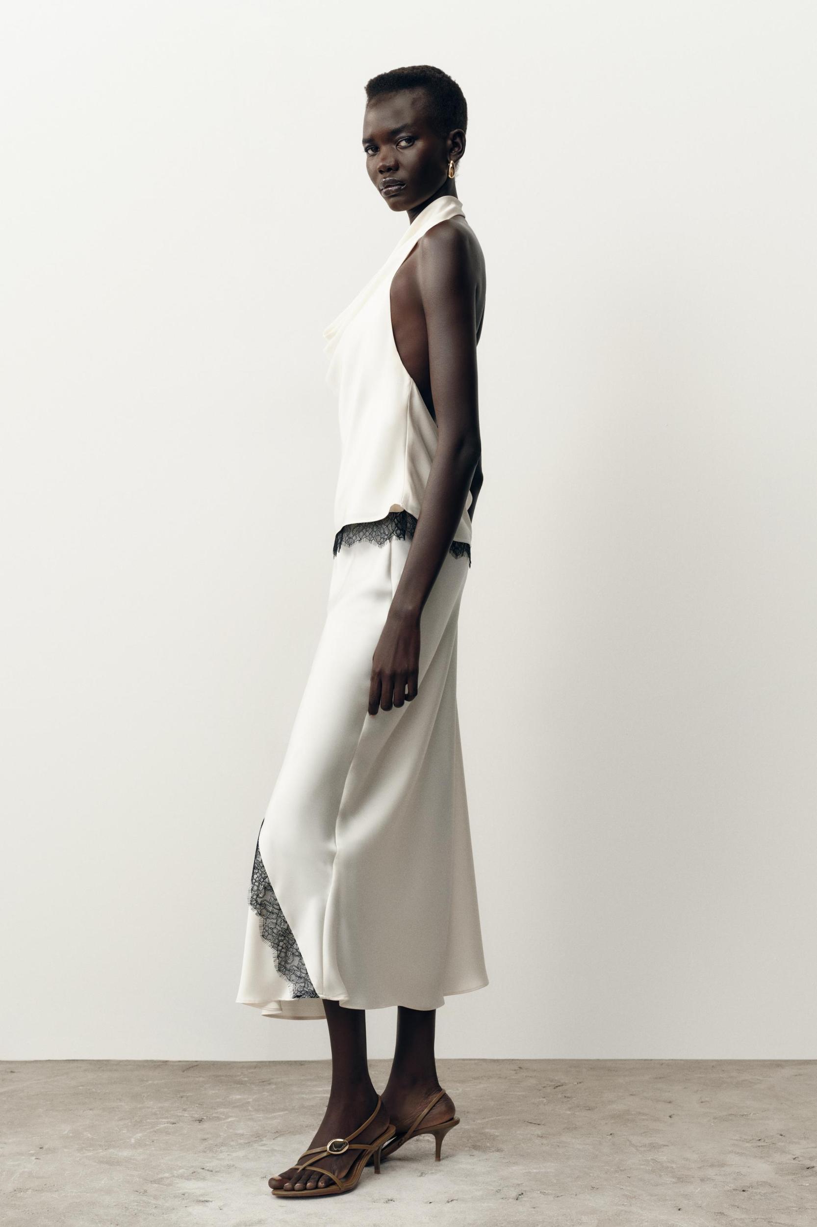 SATIN EFFECT LACE MIDI SKIRT Product Image