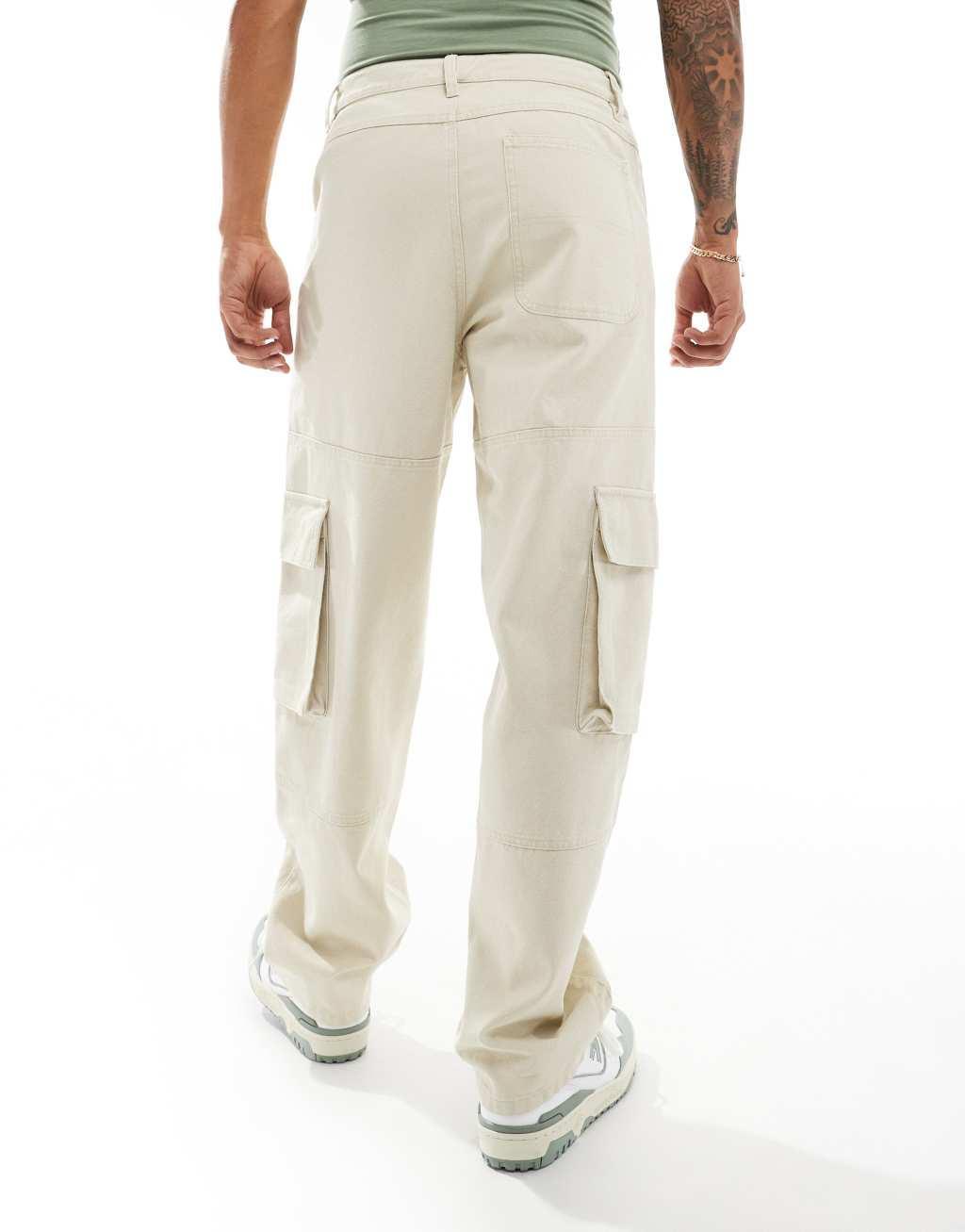 ASOS DESIGN baggy cargo pants in heavy canvas in stone Product Image