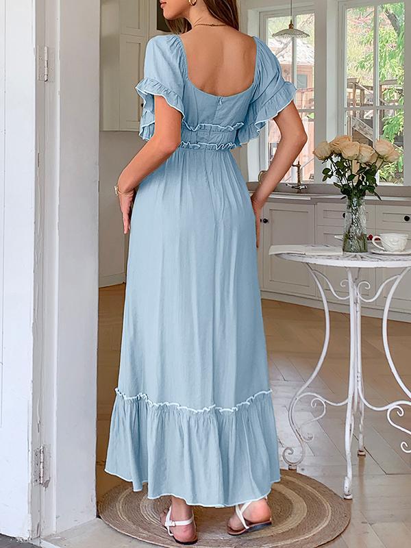 A-Line High Waisted Pleated Ruffle Trim Split-Joint Zipper Square-Neck Midi Dresses Product Image