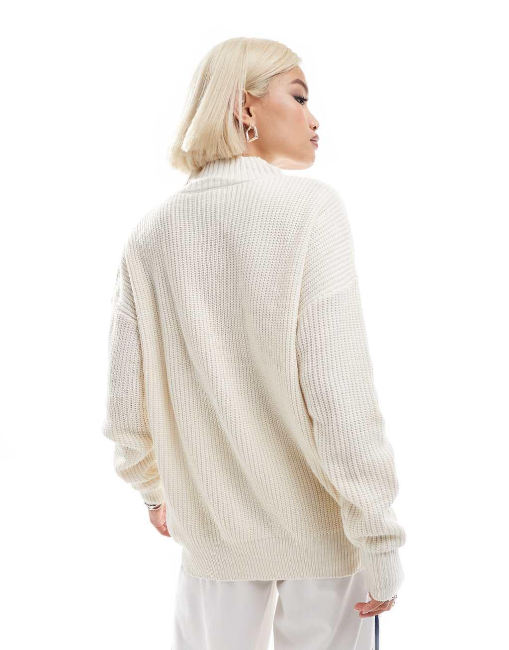 Daisy Street beige quarter zip pull-over sweater with embroidered oxford text Product Image