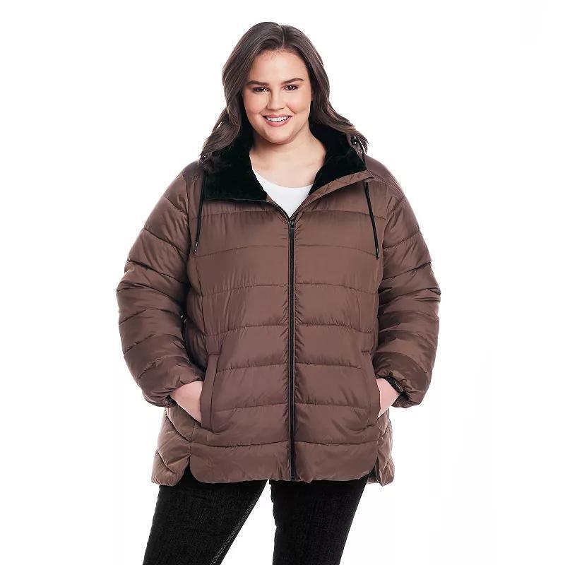 Plus Size Weathercast Hooded Puffer Coat with Cozy Pile, Women's, Size: 1XL, Beechwood Product Image