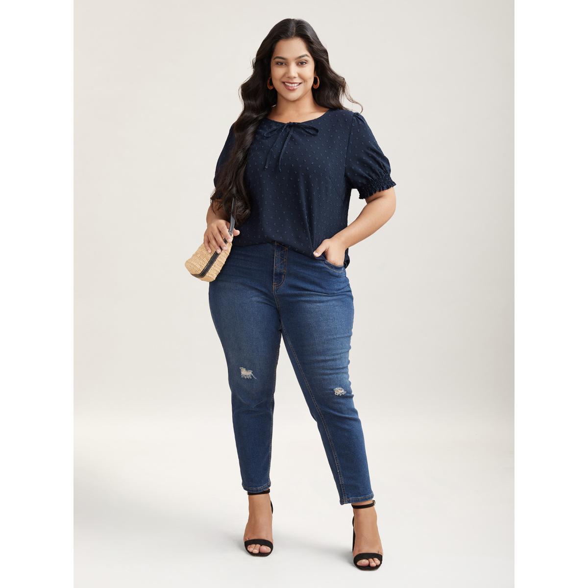 Plus Size Indigo Shirred Puff Sleeve Neck-Tie Shirt Women Office Short sleeve Round Neck Vacation Blouses BloomChic 14-16/1X Product Image