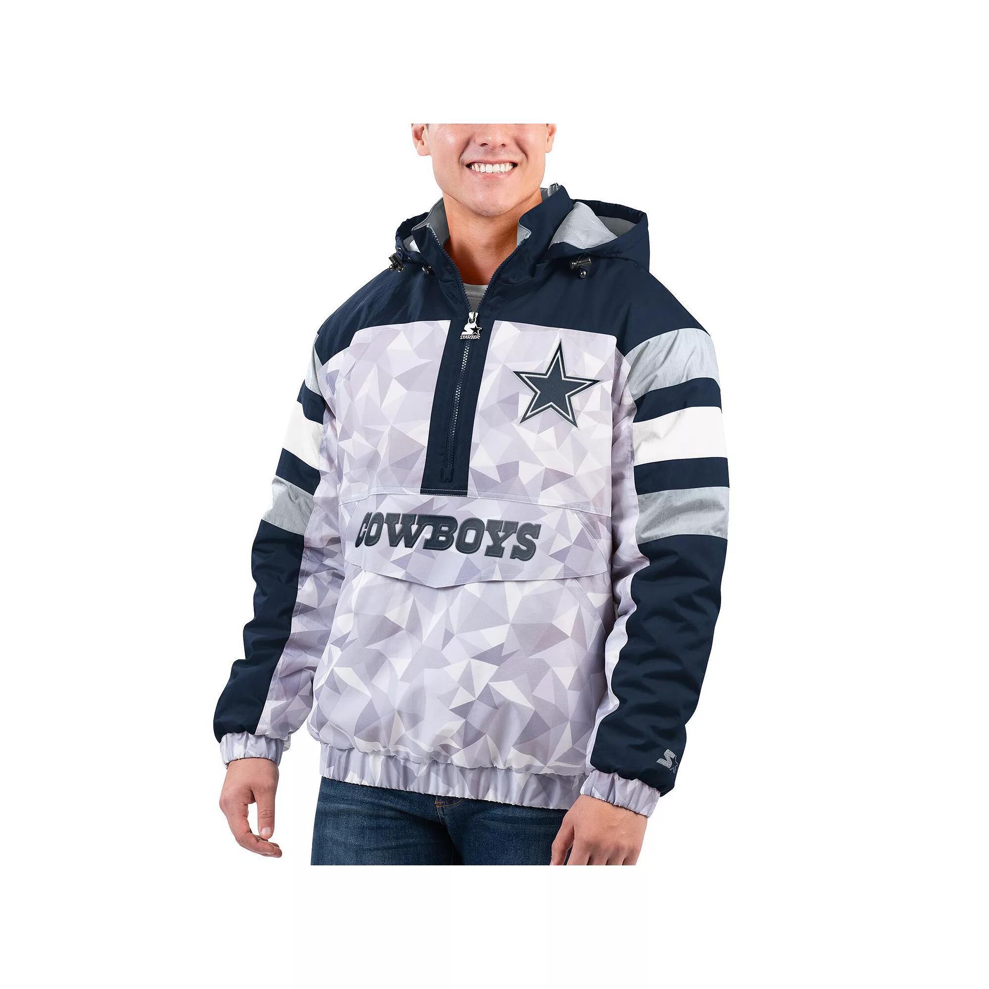 Men's Starter White/Navy Dallas Cowboys Thursday Night Gridiron Raglan Half-Zip Hooded Jacket, Size: Medium, Grey Product Image