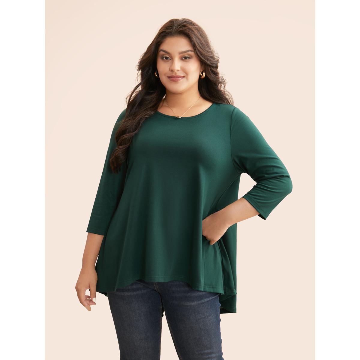 Plus Size Solid Crew Neck Medium Stretch T-shirt DarkGreen Women Casual Non Round Neck Everyday T-shirts BloomChic 30/6X Product Image