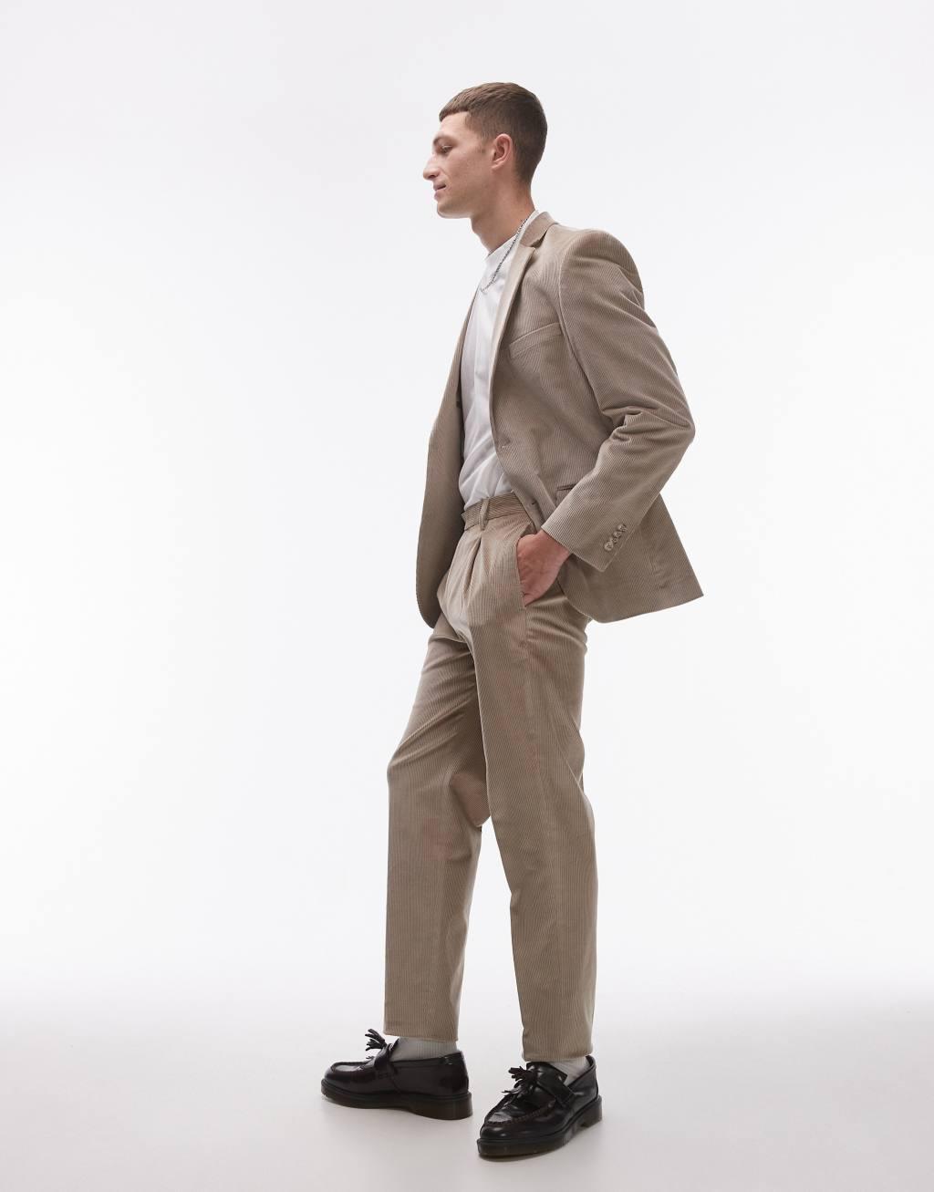 Topman tapered cord pants in stone Product Image