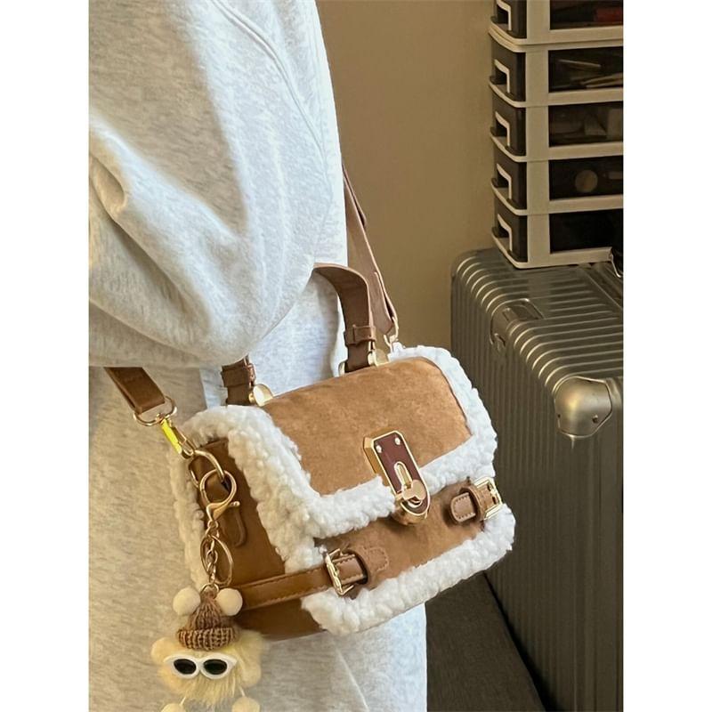 Top Handle Fleece Trim Buckled Flap Crossbody Bag Product Image