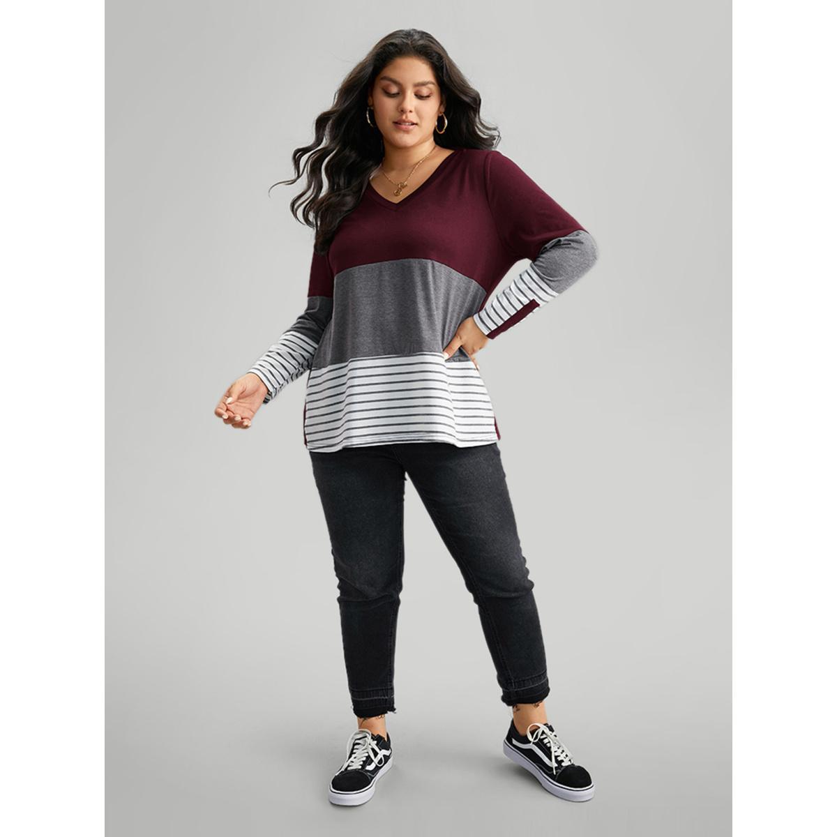 Plus Size Colorblock Contrast Striped V Neck T-shirt Burgundy Women Leisure Contrast Striped V-neck Casual T-shirts BloomChic 28/5X Product Image