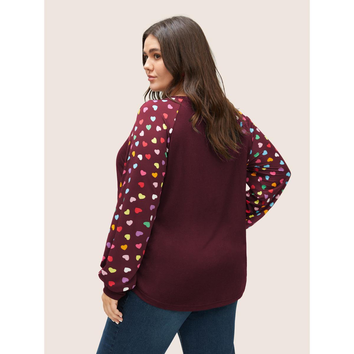 Plus Size Colour Heart Print Raglan Sleeve T-shirt Burgundy Women Elegant Non Heart Print Round Neck Everyday T-shirts BloomChic 12/L Product Image