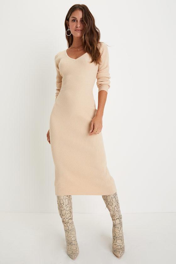 Everyday Beauty Beige Long Sleeve Ribbed Knit Sweater Dress Product Image