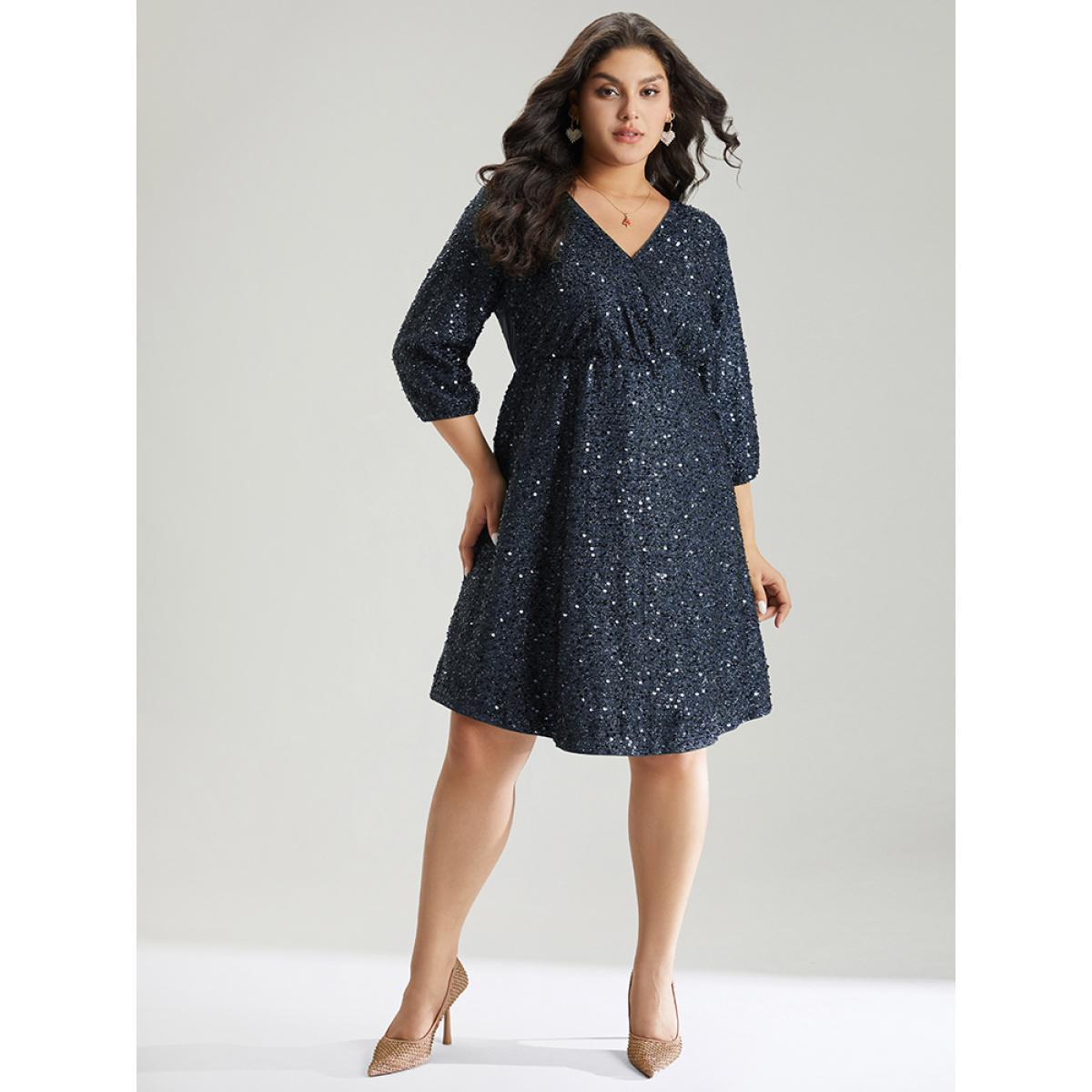 Plus Size Sequin Overlap Collar Elastic Waist Knee Dress DarkBlue Women Cocktail Wrap Overlap Collar Elbow-length sleeve Curvy Knee Dress BloomChic 26/4X Product Image