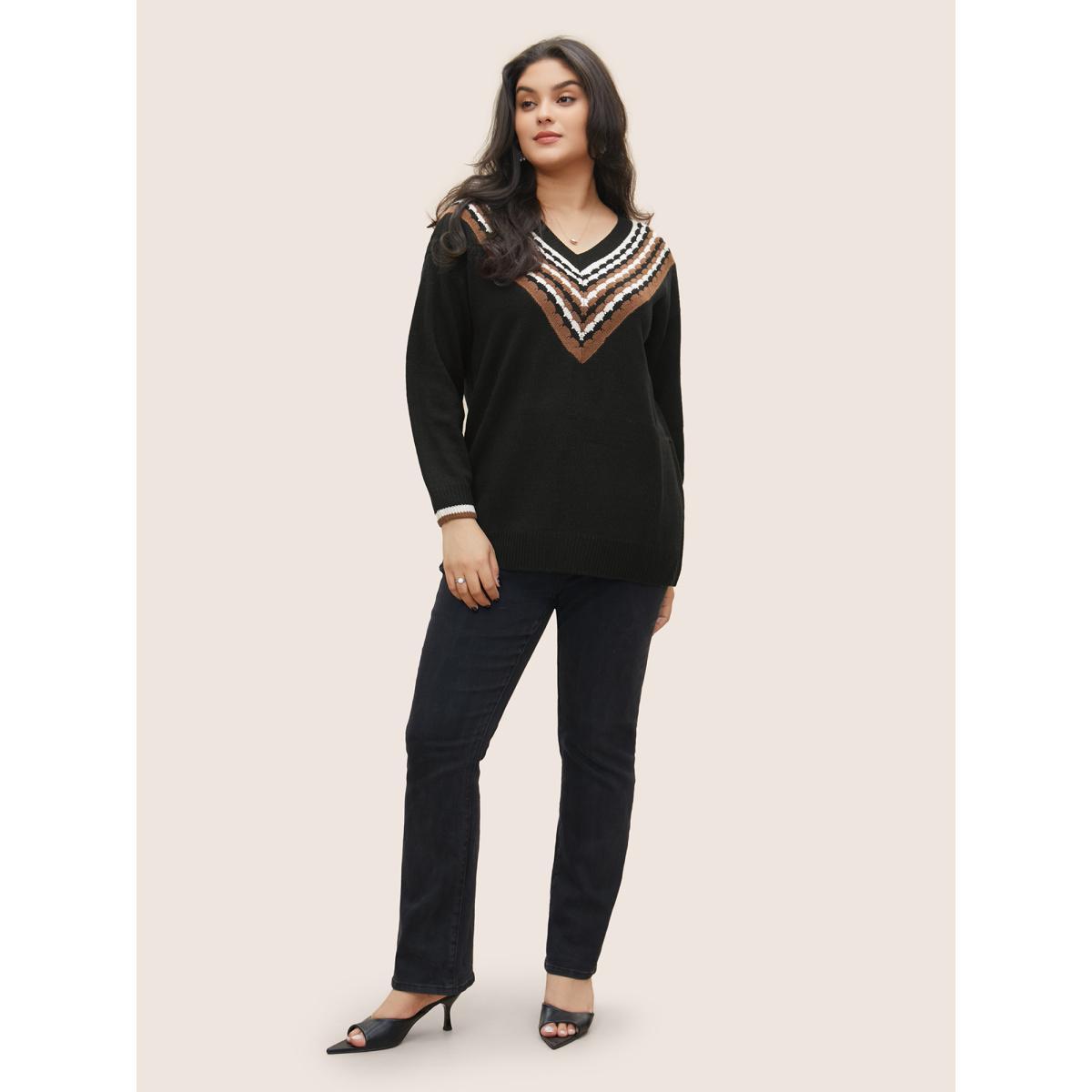 Plus Size V Contrast Striped Patchwork Knit Pullover Black Women Casual Loose Long Sleeve V-neck Dailywear Pullovers BloomChic 14-16/1X Product Image