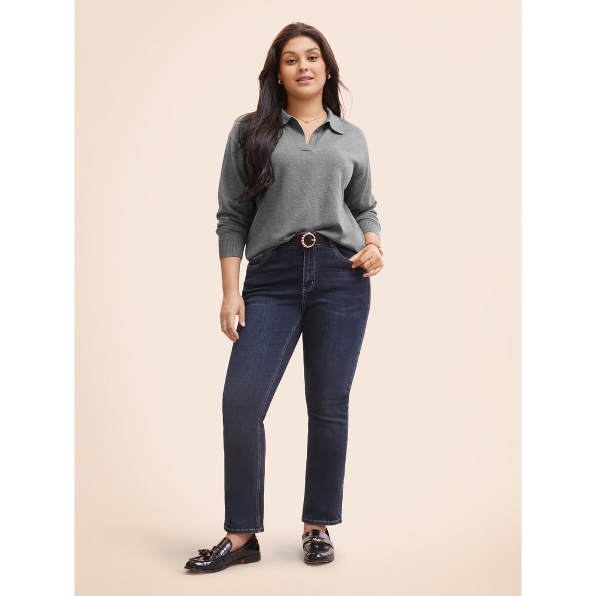 Plus Size Polo Neck Drop Shoulder Sleeve Soft Pullover DarkGray Women Casual Long Sleeve Polo Everyday Pullovers BloomChic 18-20/2X Product Image