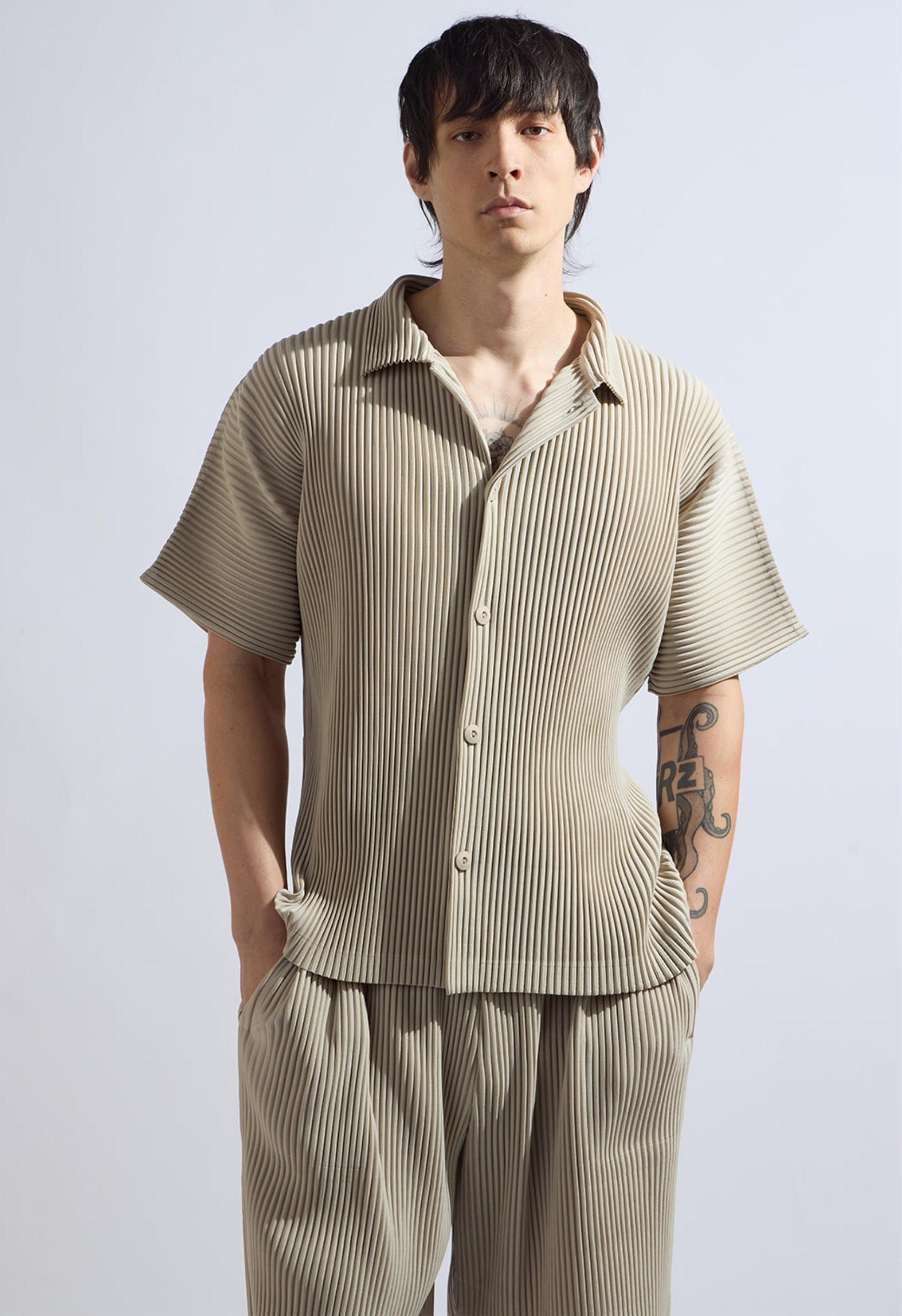 Pleated Short Sleeve Button Down in Beige Product Image