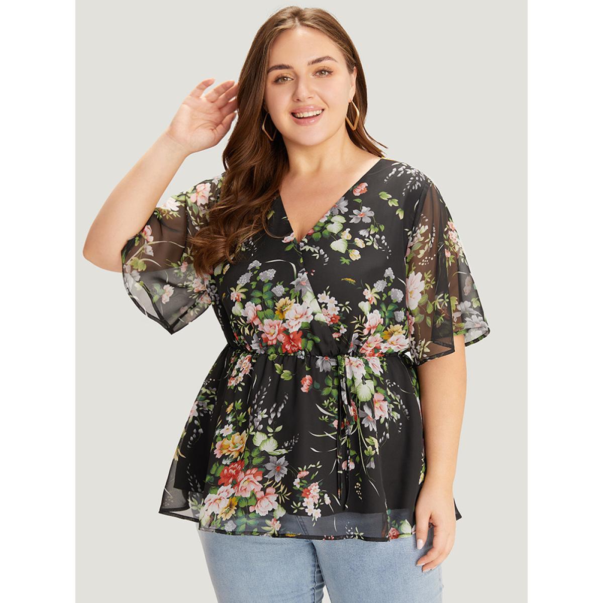 Plus Size BlackFlower Floral Wrap Mesh Sleeve Blouse Women Elegant Half Sleeve V-neck Dailywear Blouses BloomChic 30/6X Product Image