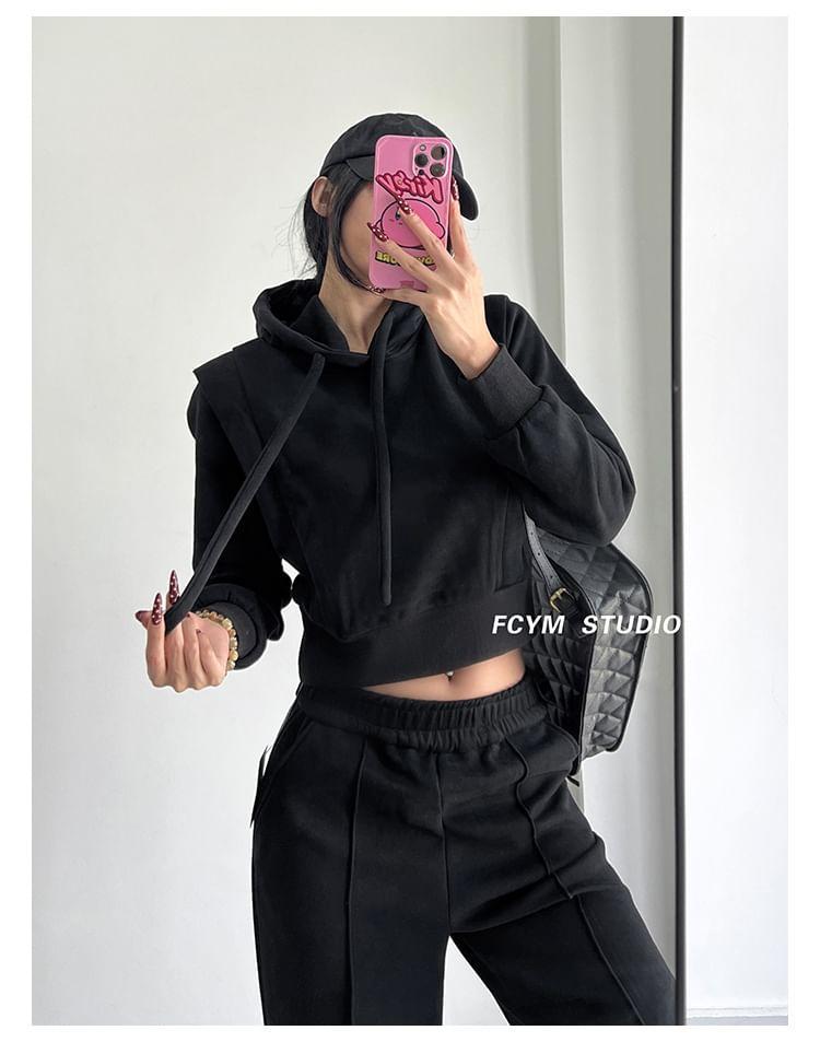 Set: Fleece-Lined Cropped Loose Hoodie + Flared Sweatpants Product Image