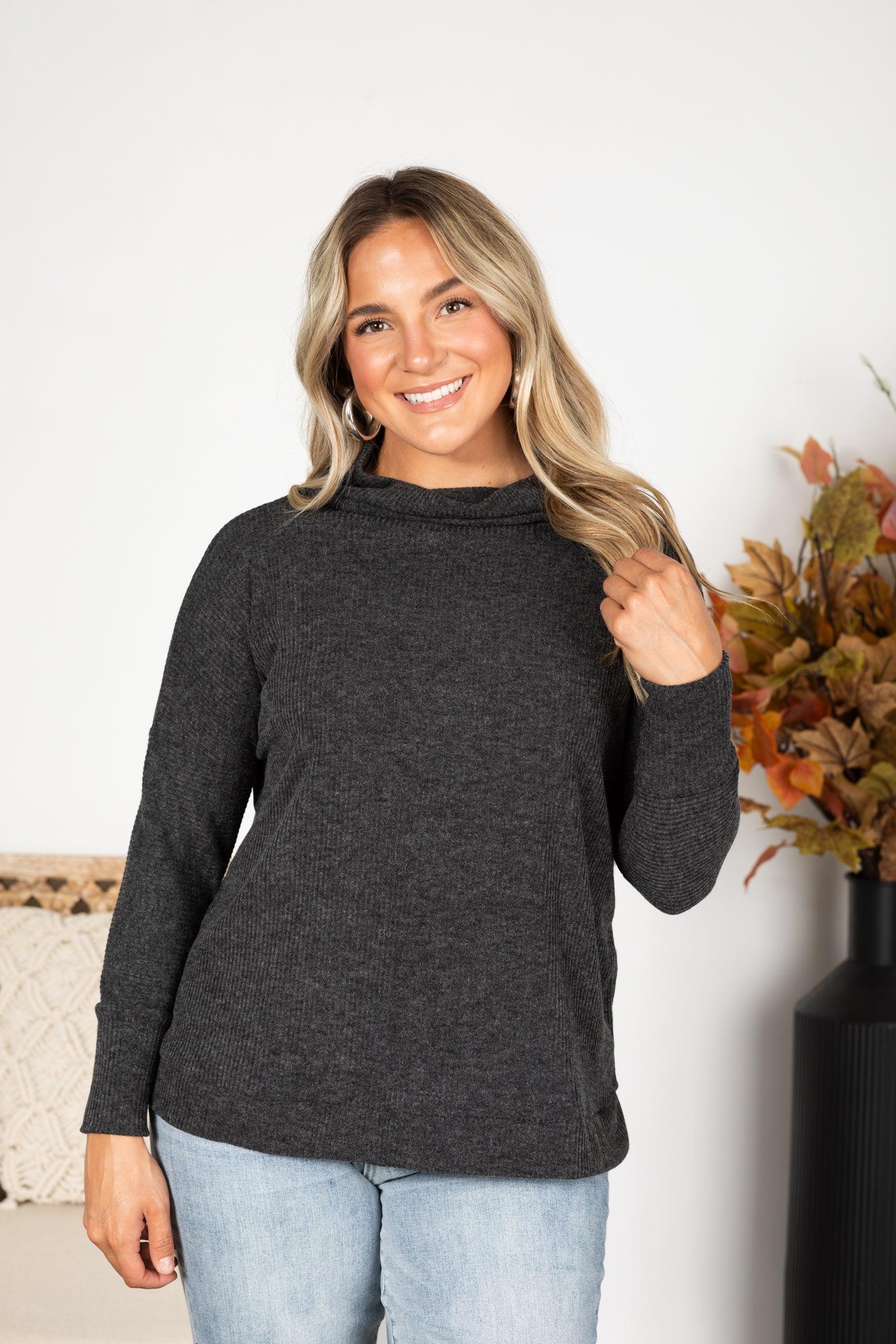 Cowl Neck Ribbed Long Sleeve Knit Top Product Image