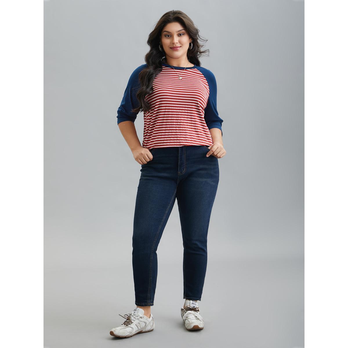 Plus Size Color-Block Striped Raglan Sleeve T-Shirt Multicolor Women Casual Contrast Round Neck Everyday T-shirts BloomChic 10/M Product Image