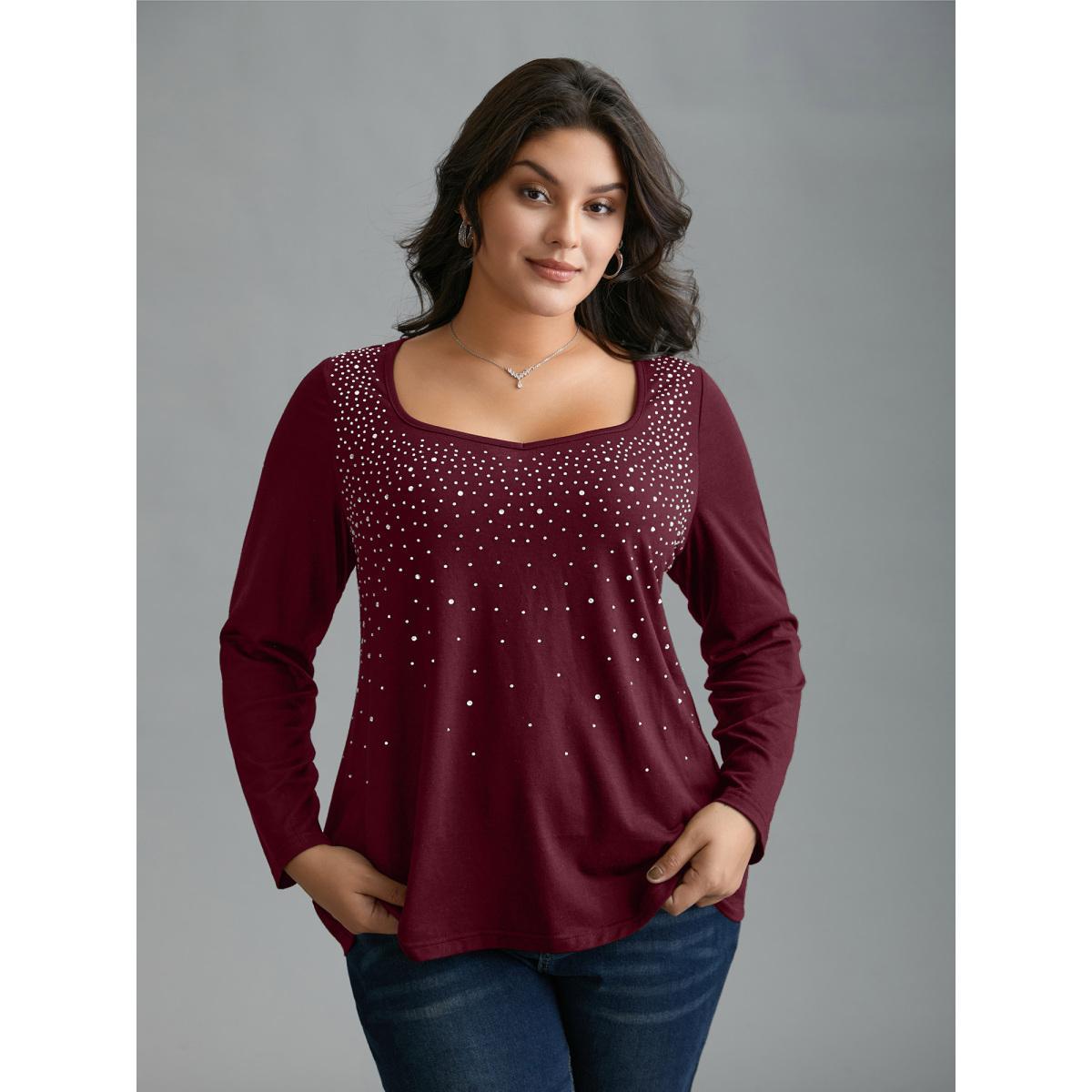 Plus Size Sequin Stretchy Long Sleeve T-shirt Black Women Timeless Rhinestone detailing Heart neckline Elegant T-shirts BloomChic 22-24/3X Product Image